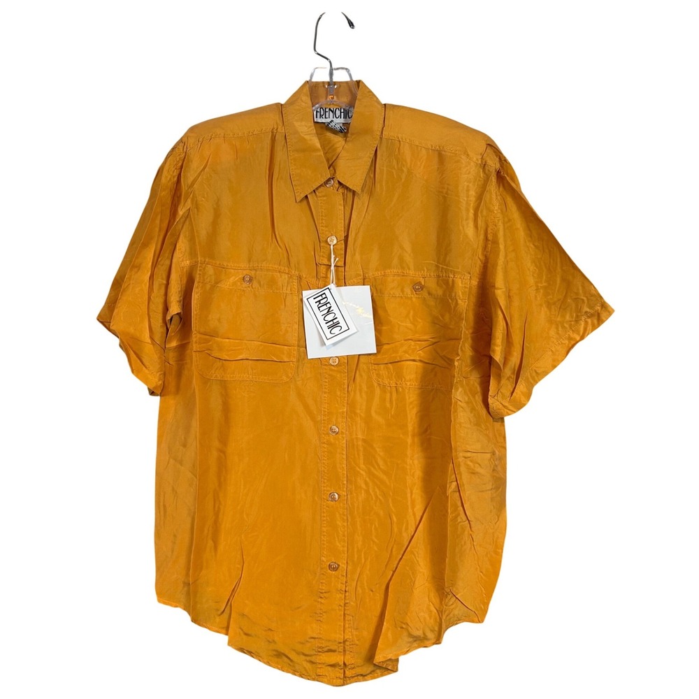 NWT Vintage Women Yellow Washable Silk Short Sleeve Button Up Shirt Frenchic MED